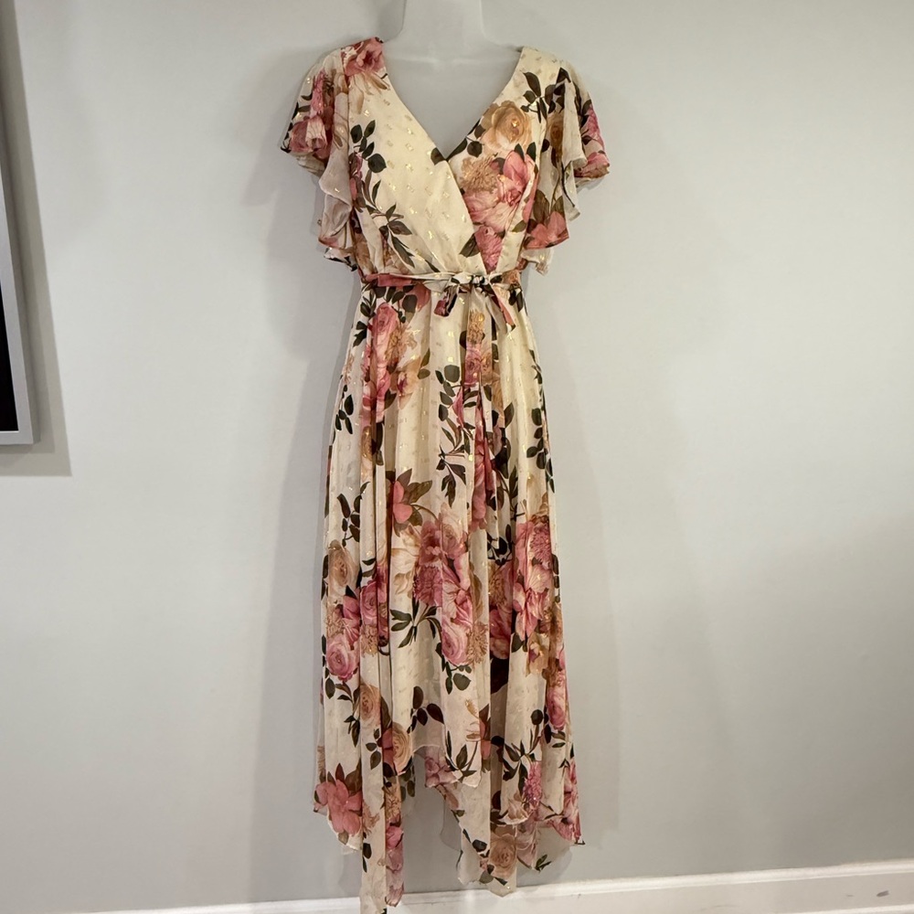 Night Way Collections Cream Flutter Sleeve High Low Dress